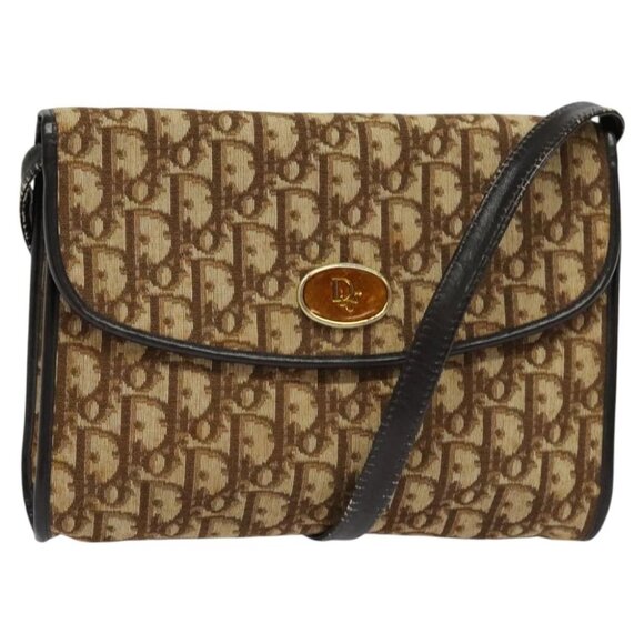 Christian Dior Trotter Canvas Shoulder Bag Brown Gold Auth